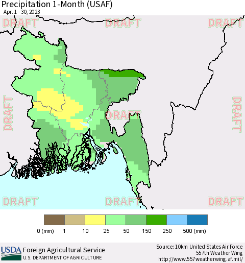 Bangladesh Precipitation 1-Month (USAF) Thematic Map For 4/1/2023 - 4/30/2023