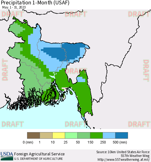 Bangladesh Precipitation 1-Month (USAF) Thematic Map For 5/1/2023 - 5/31/2023