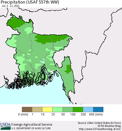 Bangladesh Precipitation (USAF 557th WW) Thematic Map For 7/5/2021 - 7/11/2021