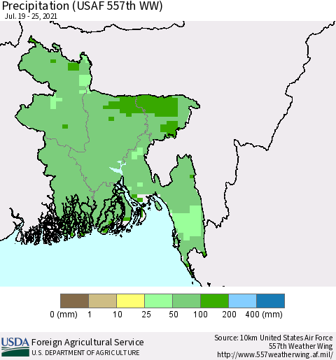 Bangladesh Precipitation (USAF 557th WW) Thematic Map For 7/19/2021 - 7/25/2021
