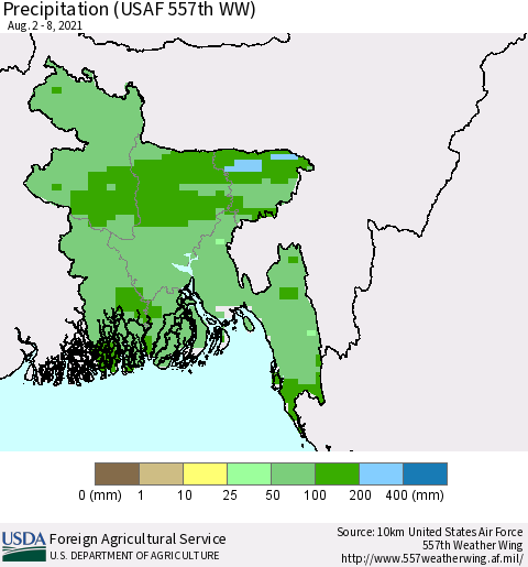 Bangladesh Precipitation (USAF 557th WW) Thematic Map For 8/2/2021 - 8/8/2021