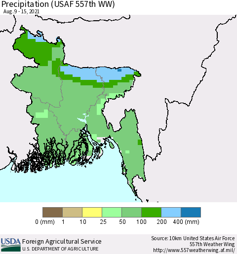 Bangladesh Precipitation (USAF 557th WW) Thematic Map For 8/9/2021 - 8/15/2021