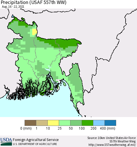Bangladesh Precipitation (USAF 557th WW) Thematic Map For 8/16/2021 - 8/22/2021