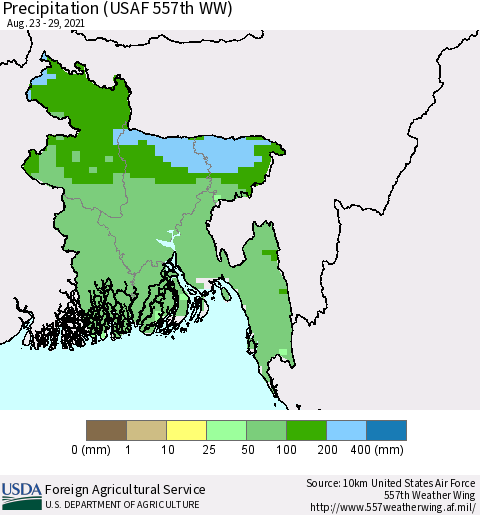 Bangladesh Precipitation (USAF 557th WW) Thematic Map For 8/23/2021 - 8/29/2021