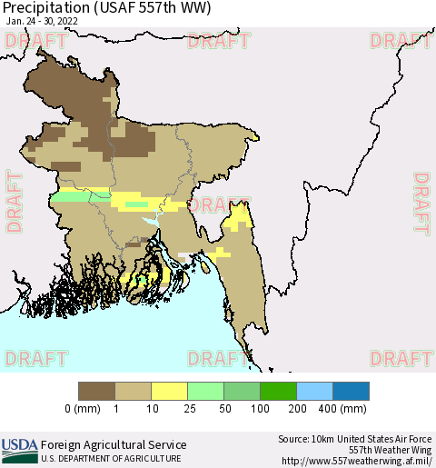 Bangladesh Precipitation (USAF 557th WW) Thematic Map For 1/24/2022 - 1/30/2022