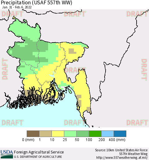 Bangladesh Precipitation (USAF 557th WW) Thematic Map For 1/31/2022 - 2/6/2022