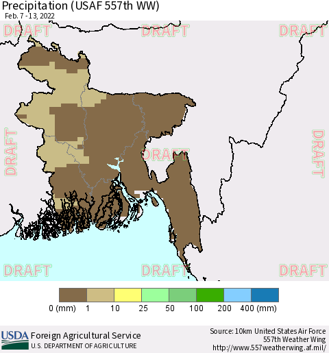 Bangladesh Precipitation (USAF 557th WW) Thematic Map For 2/7/2022 - 2/13/2022