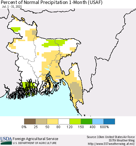 Bangladesh Percent of Normal Precipitation 1-Month (USAF) Thematic Map For 7/1/2021 - 7/31/2021