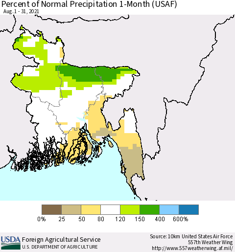 Bangladesh Percent of Normal Precipitation 1-Month (USAF) Thematic Map For 8/1/2021 - 8/31/2021