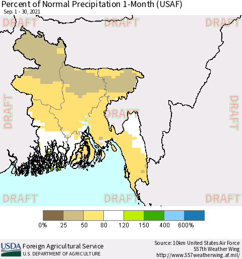 Bangladesh Percent of Normal Precipitation 1-Month (USAF) Thematic Map For 9/1/2021 - 9/30/2021