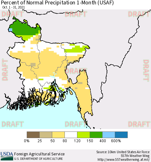 Bangladesh Percent of Normal Precipitation 1-Month (USAF) Thematic Map For 10/1/2021 - 10/31/2021