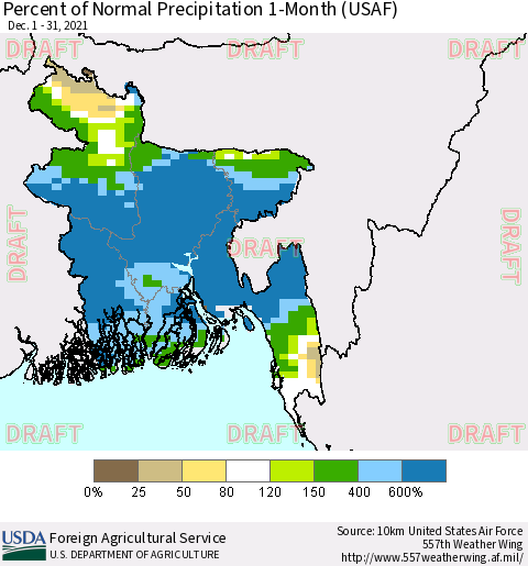 Bangladesh Percent of Normal Precipitation 1-Month (USAF) Thematic Map For 12/1/2021 - 12/31/2021