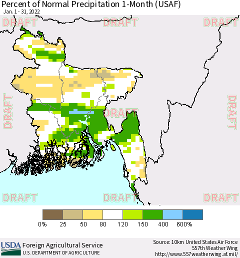 Bangladesh Percent of Normal Precipitation 1-Month (USAF) Thematic Map For 1/1/2022 - 1/31/2022