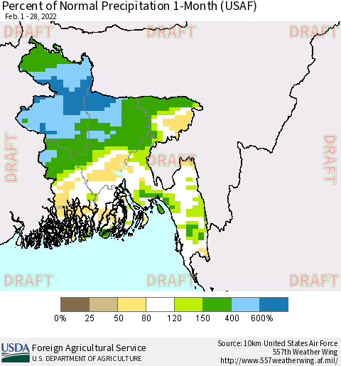 Bangladesh Percent of Normal Precipitation 1-Month (USAF) Thematic Map For 2/1/2022 - 2/28/2022