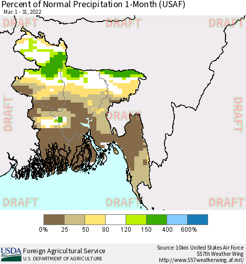 Bangladesh Percent of Normal Precipitation 1-Month (USAF) Thematic Map For 3/1/2022 - 3/31/2022