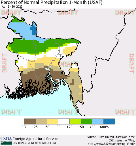 Bangladesh Percent of Normal Precipitation 1-Month (USAF) Thematic Map For 4/1/2022 - 4/30/2022