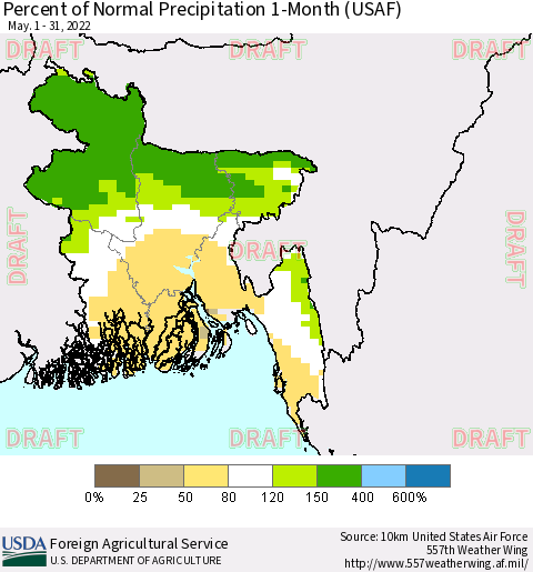 Bangladesh Percent of Normal Precipitation 1-Month (USAF) Thematic Map For 5/1/2022 - 5/31/2022