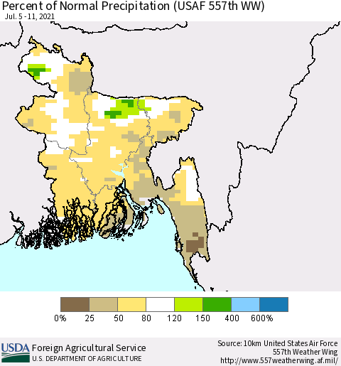 Bangladesh Percent of Normal Precipitation (USAF 557th WW) Thematic Map For 7/5/2021 - 7/11/2021