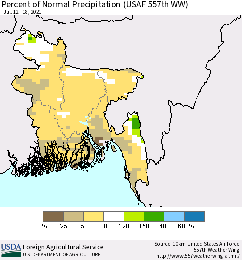 Bangladesh Percent of Normal Precipitation (USAF 557th WW) Thematic Map For 7/12/2021 - 7/18/2021