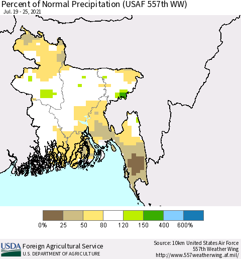 Bangladesh Percent of Normal Precipitation (USAF 557th WW) Thematic Map For 7/19/2021 - 7/25/2021
