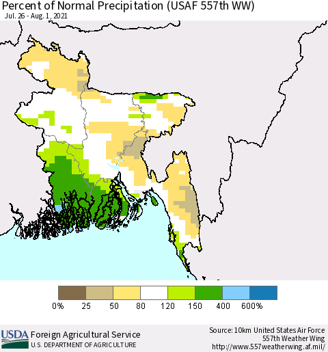 Bangladesh Percent of Normal Precipitation (USAF 557th WW) Thematic Map For 7/26/2021 - 8/1/2021