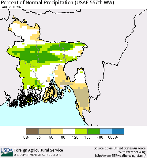 Bangladesh Percent of Normal Precipitation (USAF 557th WW) Thematic Map For 8/2/2021 - 8/8/2021