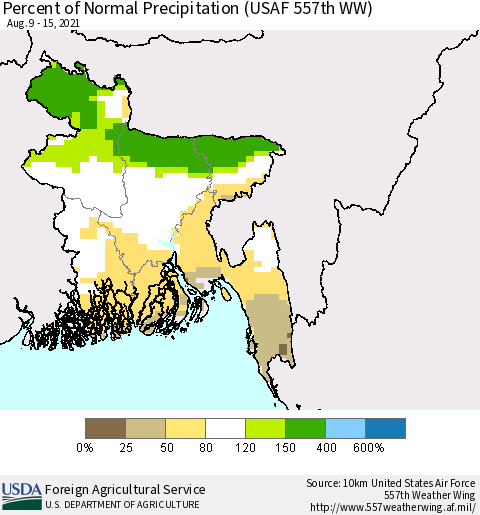 Bangladesh Percent of Normal Precipitation (USAF 557th WW) Thematic Map For 8/9/2021 - 8/15/2021