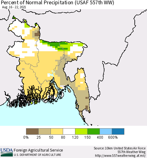 Bangladesh Percent of Normal Precipitation (USAF 557th WW) Thematic Map For 8/16/2021 - 8/22/2021
