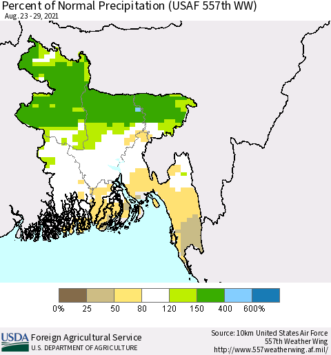 Bangladesh Percent of Normal Precipitation (USAF 557th WW) Thematic Map For 8/23/2021 - 8/29/2021