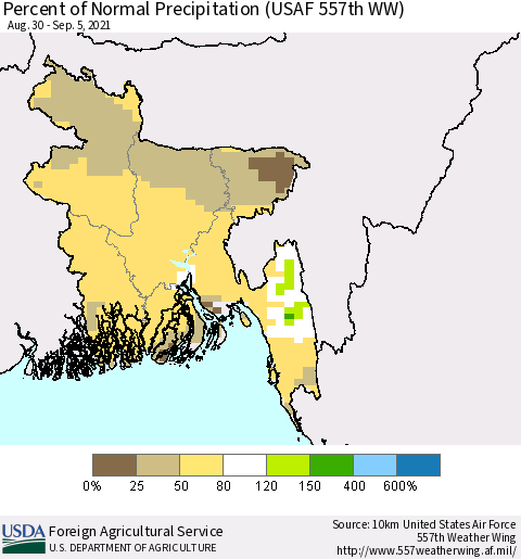 Bangladesh Percent of Normal Precipitation (USAF 557th WW) Thematic Map For 8/30/2021 - 9/5/2021