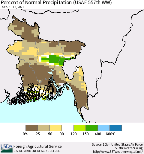 Bangladesh Percent of Normal Precipitation (USAF 557th WW) Thematic Map For 9/6/2021 - 9/12/2021