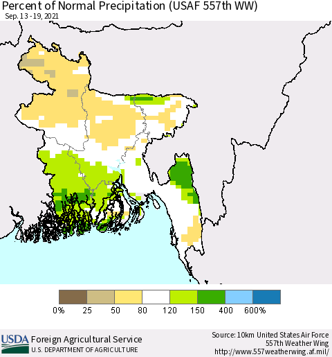 Bangladesh Percent of Normal Precipitation (USAF 557th WW) Thematic Map For 9/13/2021 - 9/19/2021