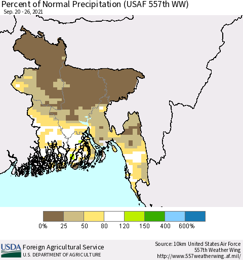 Bangladesh Percent of Normal Precipitation (USAF 557th WW) Thematic Map For 9/20/2021 - 9/26/2021