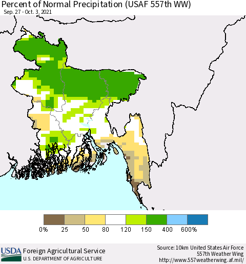 Bangladesh Percent of Normal Precipitation (USAF 557th WW) Thematic Map For 9/27/2021 - 10/3/2021
