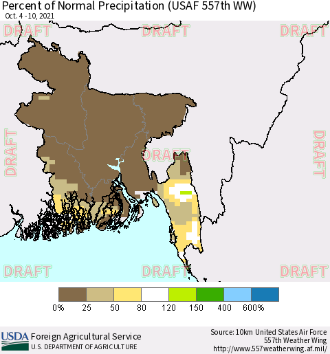 Bangladesh Percent of Normal Precipitation (USAF 557th WW) Thematic Map For 10/4/2021 - 10/10/2021