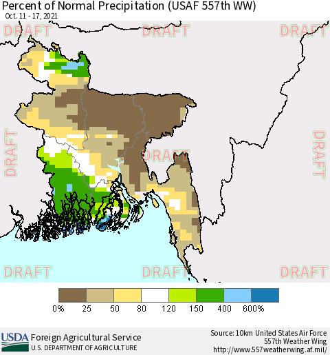 Bangladesh Percent of Normal Precipitation (USAF 557th WW) Thematic Map For 10/11/2021 - 10/17/2021