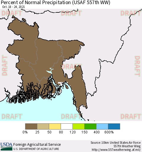 Bangladesh Percent of Normal Precipitation (USAF 557th WW) Thematic Map For 10/18/2021 - 10/24/2021