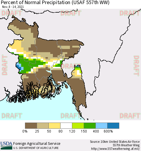 Bangladesh Percent of Normal Precipitation (USAF 557th WW) Thematic Map For 11/8/2021 - 11/14/2021