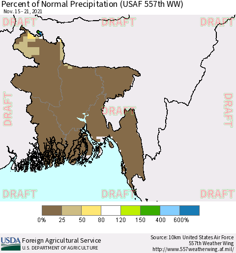 Bangladesh Percent of Normal Precipitation (USAF 557th WW) Thematic Map For 11/15/2021 - 11/21/2021