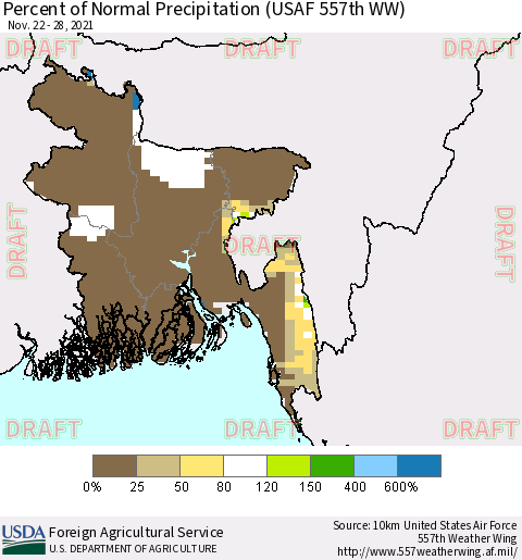 Bangladesh Percent of Normal Precipitation (USAF 557th WW) Thematic Map For 11/22/2021 - 11/28/2021