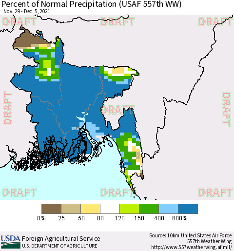 Bangladesh Percent of Normal Precipitation (USAF 557th WW) Thematic Map For 11/29/2021 - 12/5/2021