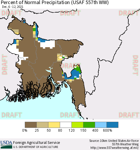 Bangladesh Percent of Normal Precipitation (USAF 557th WW) Thematic Map For 12/6/2021 - 12/12/2021