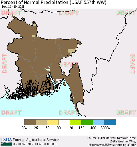 Bangladesh Percent of Normal Precipitation (USAF 557th WW) Thematic Map For 12/13/2021 - 12/19/2021