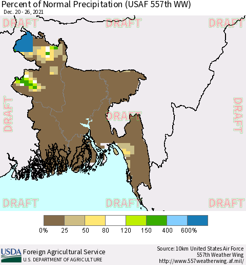 Bangladesh Percent of Normal Precipitation (USAF 557th WW) Thematic Map For 12/20/2021 - 12/26/2021