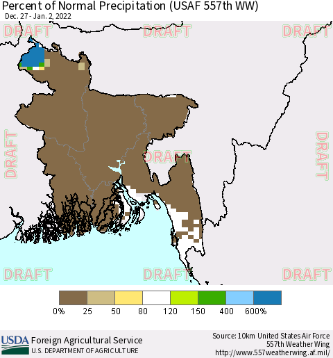 Bangladesh Percent of Normal Precipitation (USAF 557th WW) Thematic Map For 12/27/2021 - 1/2/2022