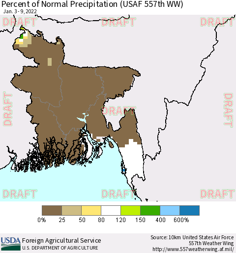 Bangladesh Percent of Normal Precipitation (USAF 557th WW) Thematic Map For 1/3/2022 - 1/9/2022