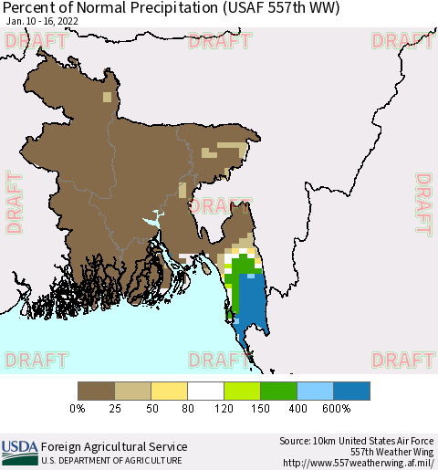 Bangladesh Percent of Normal Precipitation (USAF 557th WW) Thematic Map For 1/10/2022 - 1/16/2022