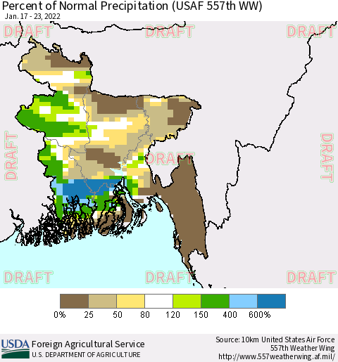 Bangladesh Percent of Normal Precipitation (USAF 557th WW) Thematic Map For 1/17/2022 - 1/23/2022