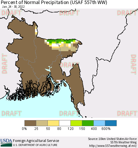 Bangladesh Percent of Normal Precipitation (USAF 557th WW) Thematic Map For 1/24/2022 - 1/30/2022