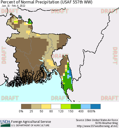 Bangladesh Percent of Normal Precipitation (USAF 557th WW) Thematic Map For 1/31/2022 - 2/6/2022